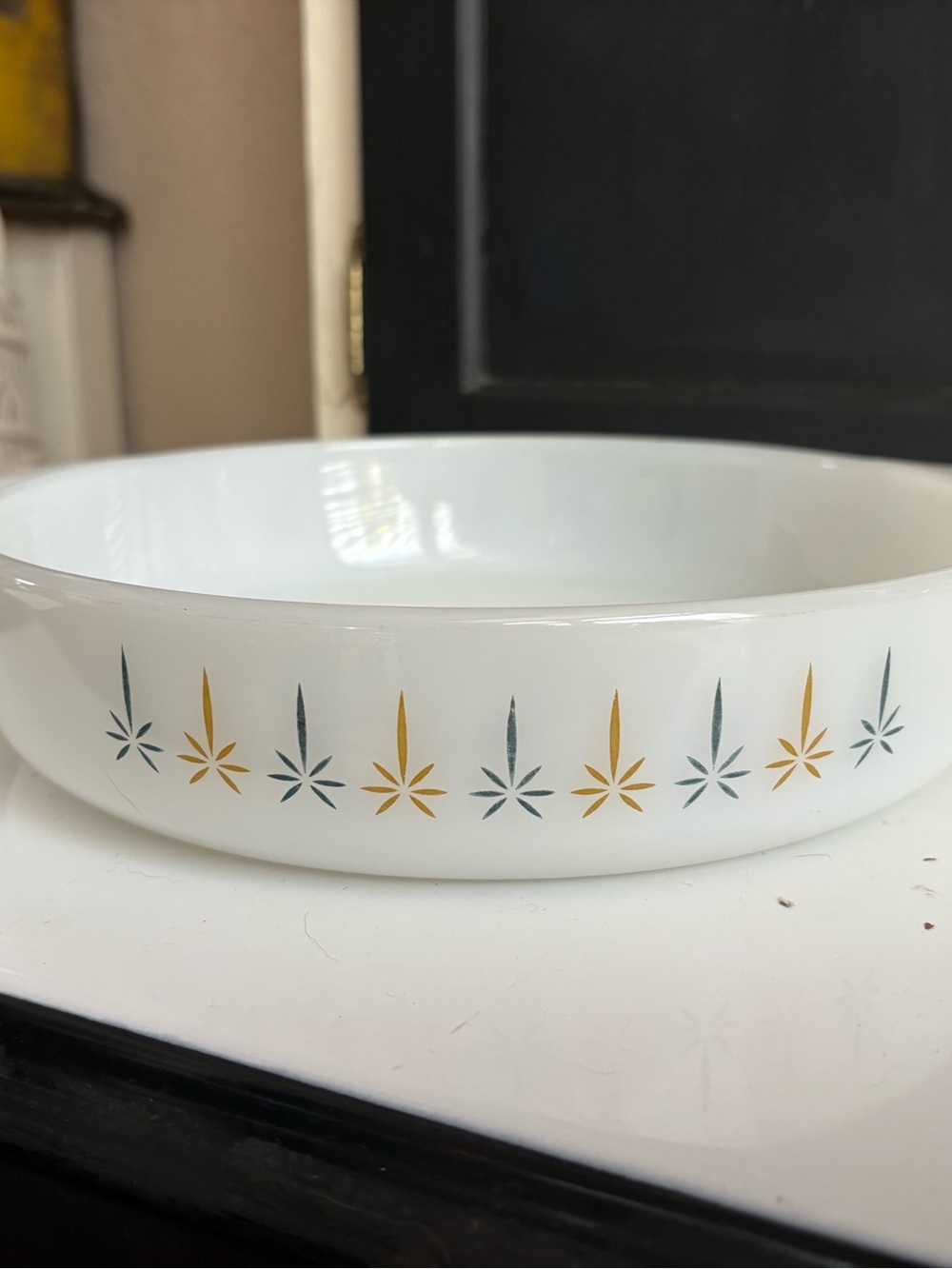 White Serving Bowl with Gold and Teal Starburst Accent